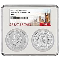 2023 No 2023 U.K. 2 Pound Silver King Charles Britannia & Coronation 2pc Set NGC MS69 ER $2 NGC MS-69