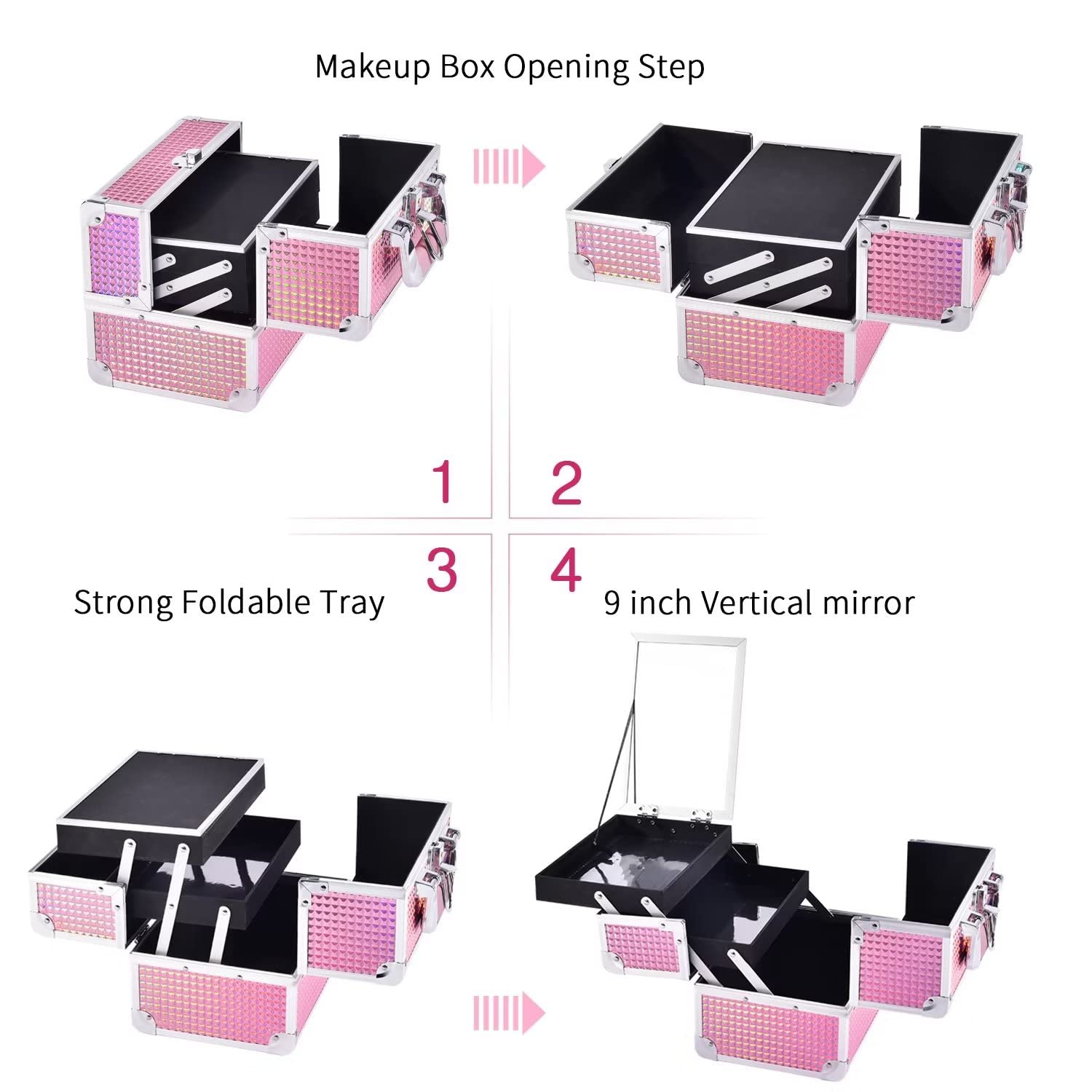 Joligrace Makeup Train Case Cosmetic Box Portable Makeup Case Organizer 2 Trays Makeup Storage with Mirror Locking for Cosmetologist Aesthetic Supplies Nail Tech Traveling Makeup Box Mermaid Pink