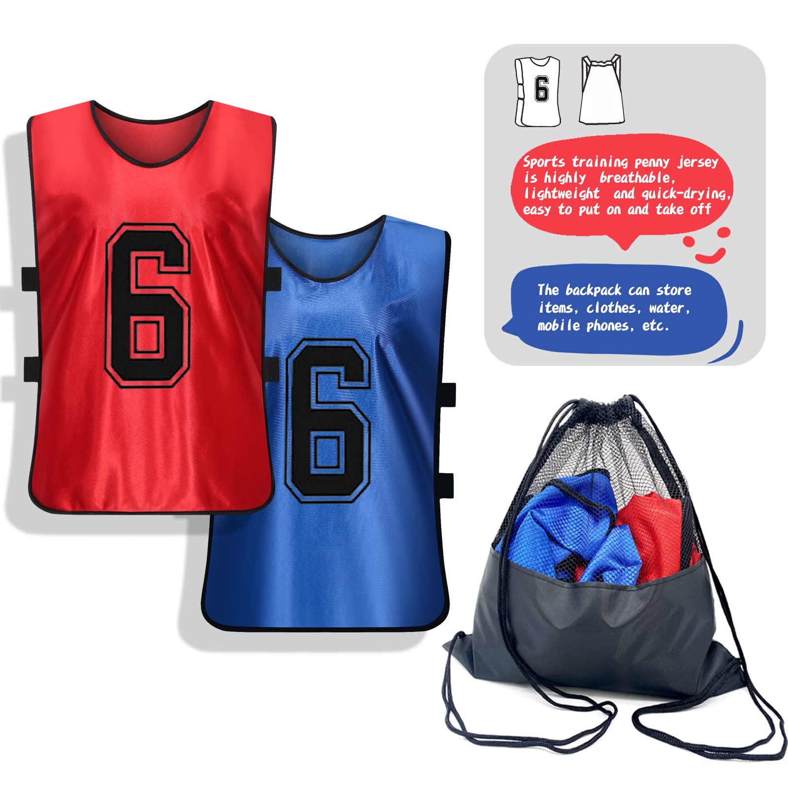 PULUOMASI Sports Pinnies-Numbered Practice Vest Pennies for Soccer Basketball Jersey Bibs -Set of 12/Youth Adults Team