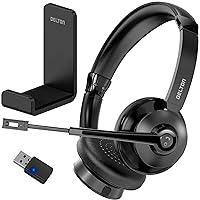 Bluetooth Headset with Noise Cancelling Mic and Stand, Wireless Headphones with Mic & Hook, 2-Earpiece with Auto-Pair USB Dongle for PC/Laptop, Handsfree/Dual Connect/Mute, for Meet|Skype|Zoom|Teams