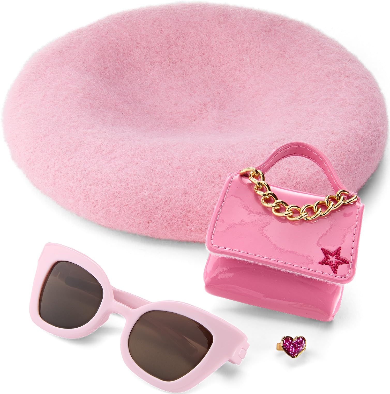 American Girl Truly Me 18-inch Doll Pink Chic Accessories with Purse, Beret, Sunglasses, and Heart Ring, for Ages 6+