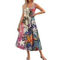 Women's 2024 Summer Maxi Dress Casual Print Sleeveless Square Neck Flowy Long Beach Elegant Tank Sundresses, S-2XL
