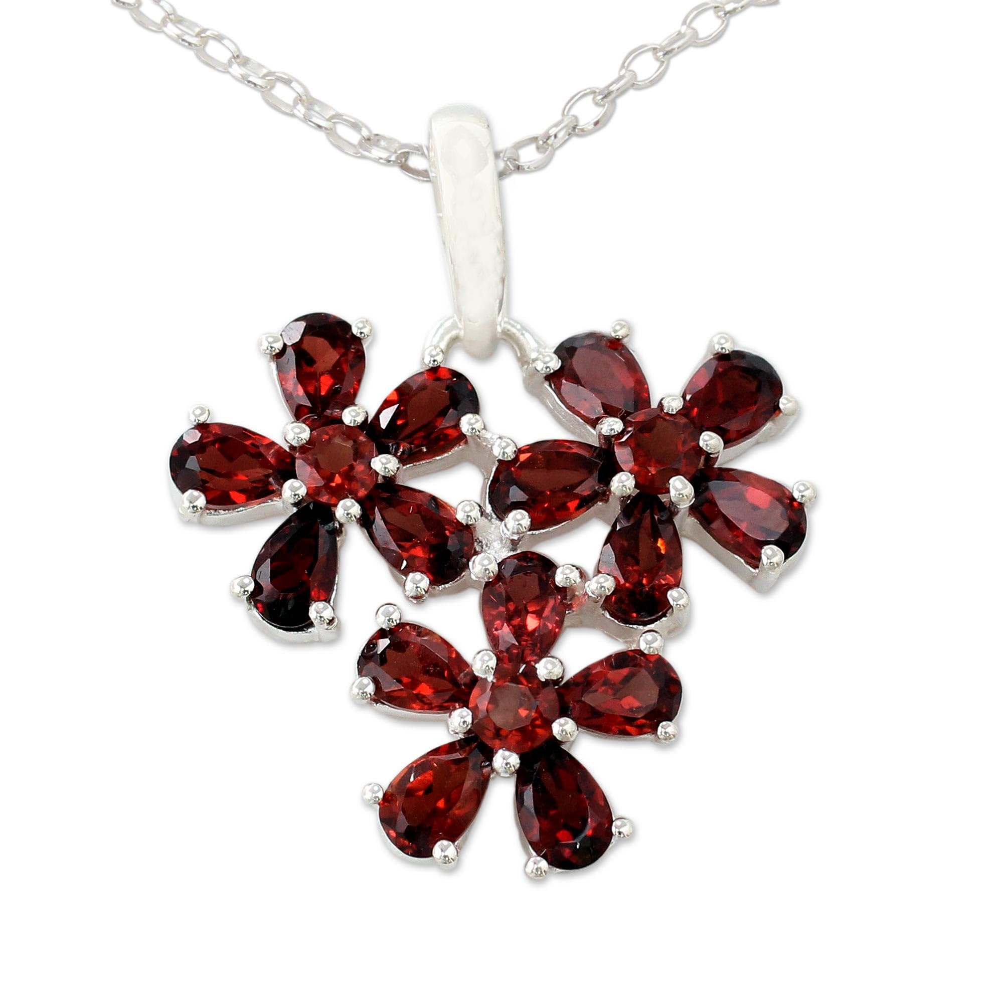 NOVICA Handmade .925 Sterling Silver Garnet Pendant Necklace Flower in Rhodium Plated Burgundy Red India Floral Birthstone 'Bouquet of Passion'