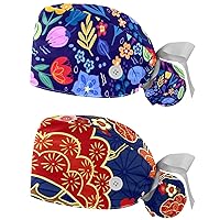 2 Pack Surgery Cap with Sweatband Breathable Bouffant Hats Long Hair Adjustable Nurse Scrub Caps Flowers Seamless