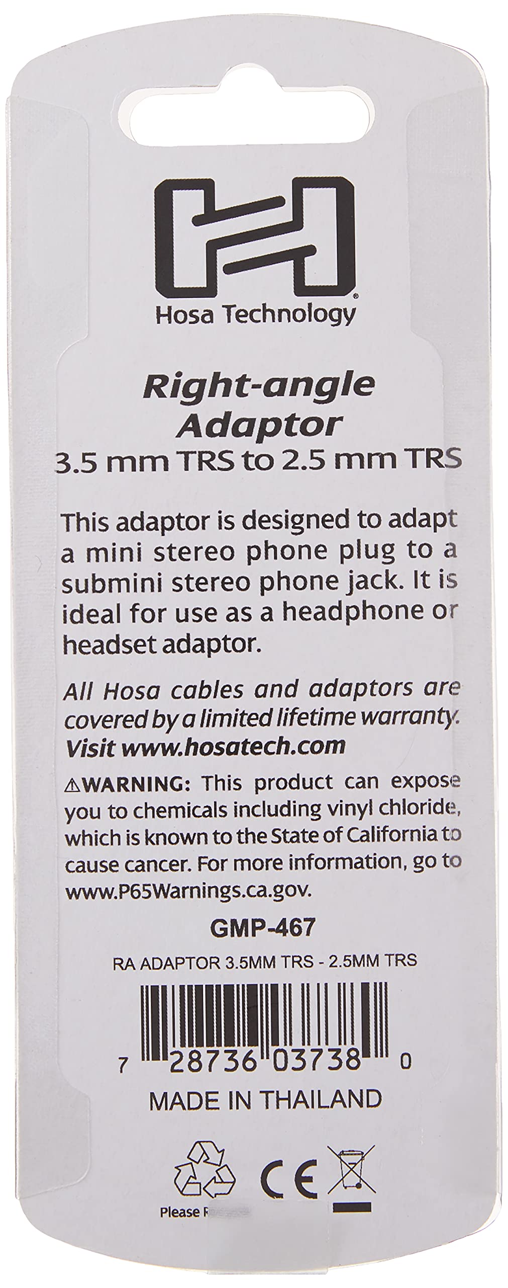 Hosa GMP-467 Right Angle 3.5 mm TRS to 2.5 mm TRS Adaptor