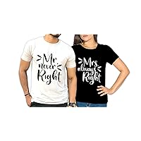 PSQURMART Customize High Gloss Printed Couple T-Shirt | Round Neck Half Sleeves T-Shirt for Unisex | Mr & Mrs Right T-Shirt