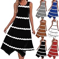 Womens Summer Dresses 2024 Casual Fashion Round Neck Sleeveless Striped Print Irregular Hem Midi Dress