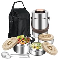 SSAWcasa Thermos for Hot Food, 3 Layered Stackable 67oz Insulated Lunch Box, Large Soup Thermos Jar with Lunch Bag Spoon Fork, Stainless Steel Travel Bento Container for Adults Office Outdoor Meals