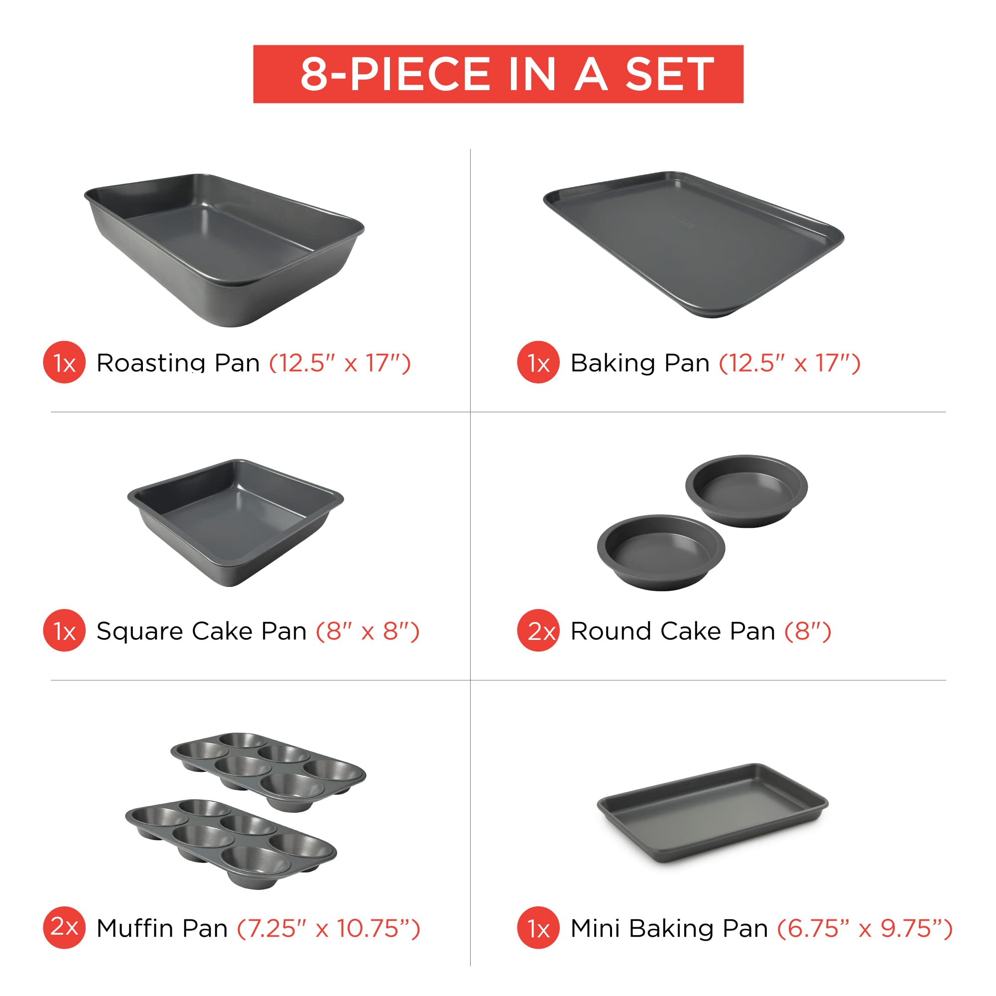 Elbee Home 8-Piece Nonstick Aluminized Steel, Space Saving Baking Set , With Deep Roasting Pan, Cookie Sheet, Cake Pans, Muffin Pans and Baking Pan PFOA & PFOS Free