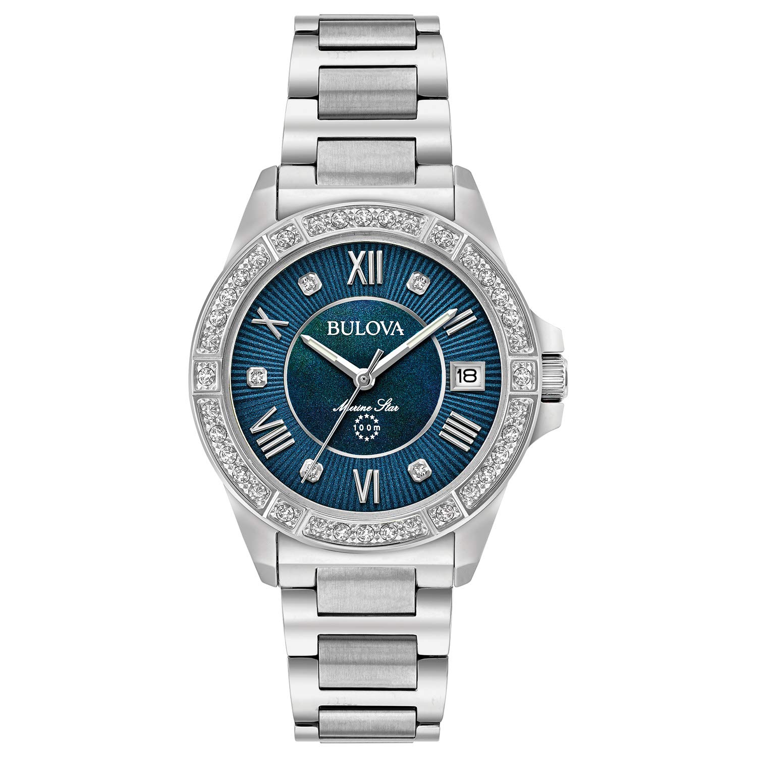 Bulova Ladies' Marine Star 'Series L' 3-Hand Day Date Quartz Diamond Watch, Sapphire Crystal, 100M Water Resistant, Mother-of-Pearl Dial, 34mm