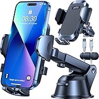 [True Military-Grade] Car Phone Holder【2024 Stronger Suction & Clip】 Universal Cell Phone Holder for Car Mount for Dashboard Windshield Air Vent Long Arm Cell Phone Car Mount Thick Case,Black