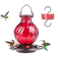 Hummingbird Feeder, Auslar 26 Ounces Glass Hummingbird Feeders for Outdoors Hanging Ant and Bee Proof, Ant Moat & 5 Flower Feeding Ports, Rustproof, Leakproof, Netted Flower Bud Shape Bottle, Red