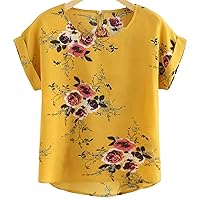 Summer Fashion Floral Print Top Pullover Ladies T-Shirt Top Ladies Short Sleeve Shirt Clothing (Color : Yellow, Size : XXL)