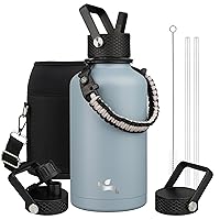Half Gallon Insulated Water Bottle with Straw,64oz 3 Lids Water Jug with Carrying Bag,Paracord Handle,Double Wall Vacuum Stainless Steel Metal Flask,Storm Blue