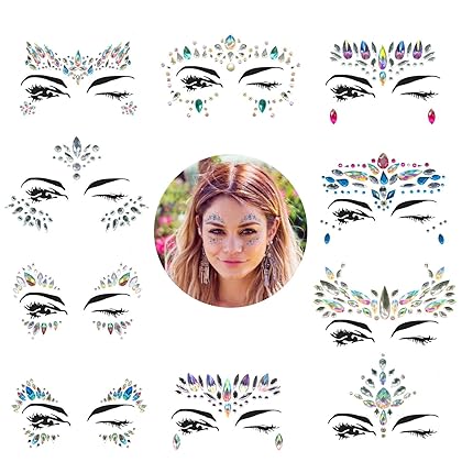 YRYM HT Face Gems, 10 Sets Mermaid Face Jewels Festival Face Gems Rhinestones Rave Eyes Body Bindi Temporary Stickers Crystal Face Stickers Decorations Fit for Festival Party（10 Sets collection）