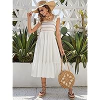 Summer Dresses for Women 2022 Geo Embroidery Square Neck Shirred Ruffle Hem Dress Dresses for Women (Color : White, Size : Small)