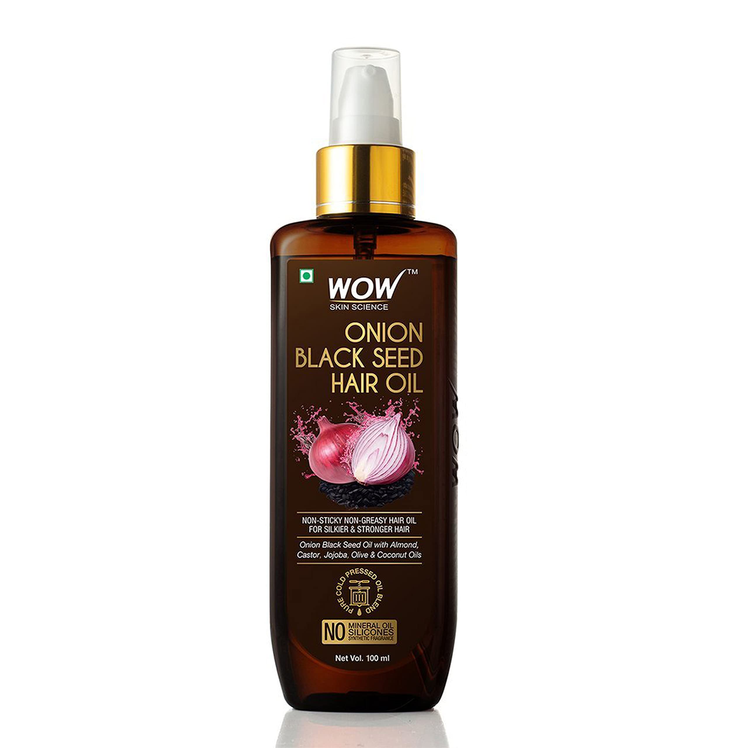 WOW Skin Science Onion Black Seed Hair Oil for Dry Damaged Hair & Growth - Oil Hair Care Strong Hair Growth Oil - Hair Treatment for Dry Damaged Hair with Almond, Castor, Olive, Coconut & Jojoba Oil (3.4 Fl Oz (Pack of 1))
