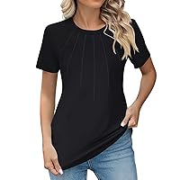 Women's Round Neck Short Sleeved Pleated Solid Color Top Womens Beach Shirts