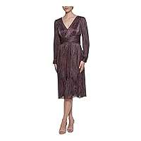 Jessica Howard Womens Purple Metallic Zippered Ruched Lined Long Sleeve V Neck Below The Knee Evening Shift Dress 16