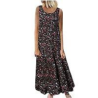 Women Tiered Ruffle Boho Floral Sleeveless A-Line Dress Summer Casual Loose Flowy Fashion Crewneck Beach Tank Dress