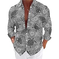 Men's Sea Turtle Floral Hawaiian Shirts V Neck Long Sleeve Funny Animal Print Graphic Tee Casual Button Up Tropical Beach Top