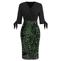 IMEKIS Women’s Plus Size Half Cutout Sleeve Cocktail Party Pencil Dress Wrap V Neck Sparkle Sequins Bodycon Evening Gown