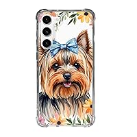 Cell Phone Case for Galaxy s21 s22 s23 Standard Plus + Ultra Models Cute Yorkshire Terrier Dog Animal Protective Bumper Happy Yorkie Puppy with a Blue Bow on Flowers Design Slim Cover