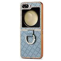 Leather Case for Samsung Galaxy Z Flip 5 Luxury Electroplated Phone Cover with Bling Ring Stand Shockproof Protective Slim Shell (Blue,Galaxy Z Flip 5)
