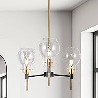 KSANA 3-Light Chandelier for Dining Room Modern Farmhouse Kitchen Island Pendant Lighting with Clear Glass Shades Black Gold Hanging Ceiling Light Fixture for Foyer, Living Room, Height Adjustable