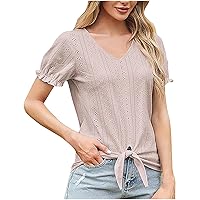 Short Sleeve Womens Tops Summer Loose V-Neck Eyelet Embroidery T-Shirts Dressy Casual Ruffle Sleeve Tunic Blouses