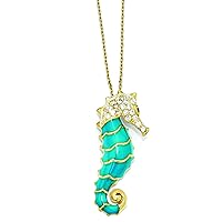 Gold Plated 925 Sterling Silver Fancy Lobster Closure Enameled CZ Cubic Zirconia Simulated Diamond Seahorse Necklace 18 Inch Measures 16mm Wide Jewelry for Women