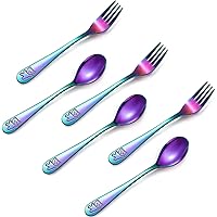 6 Pieces Kids Silverware Set Stainless Steel Rainbow Flatware Safe Child Cutlery Little Bear Child Spoon and Fork Set Toddler Utensils Metal Cutlery, Over 5 Years