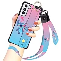 Cartoon Case for Samsung Galaxy S21 Case 6.2 Inch Cute Stitch Cartoon Character Design with Lanyard Wrist Strap Band Holder Shockproof Protection Bumper Kickstand Cover