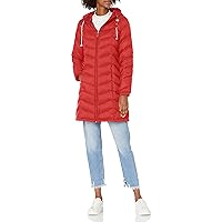 Tommy Hilfiger Women's Mid-Length Puffer Hooded Down Jacket with Drawstring Packing Bag, Crimson, Medium