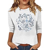 Women Graphic Tees Fashion Sun Flower Print Three-Quarter Sleeves Round Neck T-Shirts Top Loose Fit Casual Comfortable