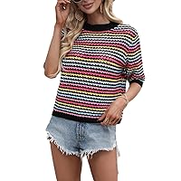 Women's Fashion Stripe Color Block Hollow Out Crew Neck Short Sleeve Crop Blouse Shirt Top