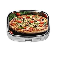 Pizza with Tomatoes Leaves Print Pill Box Square Metal Pill Case with 2 Compartment Portable Travel Pillbox Cute Mini Medicine Organizer for Pocket Purse
