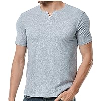 Mens Cotton T Shirts Summer Casual Solid Color Short Sleeve Tops Trendy Patchwork V-Neck Pullover Slim Fit Tees