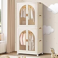 Portable Kids Closet Children's Wardrobe Collapsible Plastic Large Baby Clothes Cabinet Bedroom Nursery Armoire Quick Install Toddler Dresser with Hanging Rod and Door,Large 2 Cubes,White