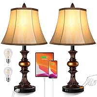 Touch Control Traditional Table Lamp Set of 2, Vintage Bedside Lamps with Dual USB Charging Ports, 3-Way Dimmable Bronze Finish Desk Lamps with Bell Shape Faux Silk Shade for Living Room, Bedroom