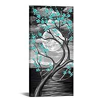 KREATIVE ARTS Teal Flower Tree Wall Art for Bedroom Cherry Blossom Tree in Full Moon Night Landscape Canvas Prints Artwork for Home Wall Decoration Ready to Hang Vertical 20x40inch (Green)