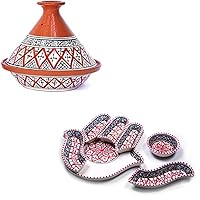 Kamsah Supreme Red Tagine and Hamsa Serving Platter Bundle | Moroccan Ceramic Pots and Plate Set For Cooking and Serve Ware (Large Tagine, Appetizer Tray) | Handmade and Hand Painted