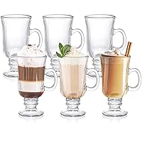 ZENFUN Set of 6 Irish Coffee Mugs, 8 Oz Glass Footed Espresso Cups with Handles, Clear Goblet Mugs Glasses for Coffee, Latte, Cappuccino, Smoothie, Hot&Cold Beverages
