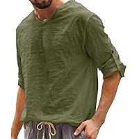 Men's Casual Beach Hippie T-shirts Cotton Linen Baggy V-Neck Guayabera Shirts Big and Tall Hipster Jersey Woven Shirt