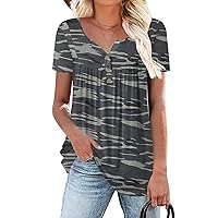 Womens-Tops-Summer-Henley-Shirts V-Neck Blouses Buttons Up Tee Flowy Pleated Tunics