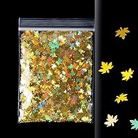 10g Holographic Maple Leaf Glitter Flakes Nail Sequins Paillette Iridescent Multicolor Sheet for DIY Epoxy Resin Art Crafts (Yellow)