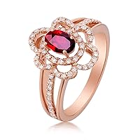KnSam Real Gold Jewellery 18K Rose Gold 750 Rings for Women, Ruby Hollow Flowers Shape Oval Solitaire Ring Diamond Ring Red Rose Gold, 18 carat (750) rose gold, Ruby