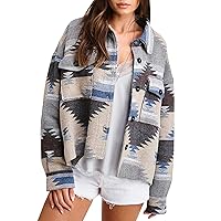 Dellytop Women's Aztec Shacket Long Sleeve Button Down Collared Shirt Jacket Tops with Pockets