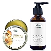 Calendula Salve 2oz, Dry Skin Soothing Balm, Bug Itch Relief | Apricot & Camellia Satin Body Oil 4oz, Vitamin-E Rich in Antioxidants, Promotes Skin Elasticity, Bundle