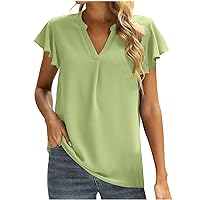 Womens T-Shirts Summer Loose Casual Ruffles Short Sleeve V-Neck Pullover Solid Color Temperament Blouse Tunic Tops